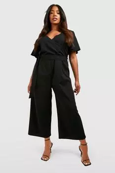 Комбинезон-кюлот с рюшами и поясом Plus boohoo, черный