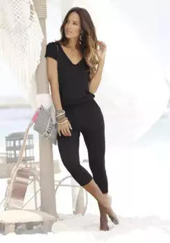 Комбинезон LASCANA 7/8, V-образный вырез, комбинезон с короткими рукавами, базовый, черный