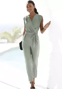 Комбинезон LASCANA (с поясом) из мнущейся ткани, элегантный комбинезон с запахом, праздничный, цвет Jade