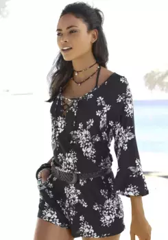 Комбинезон LASCANA, с воланом на рукавах 3/4, короткий комбинезон с цветочным принтом, черный