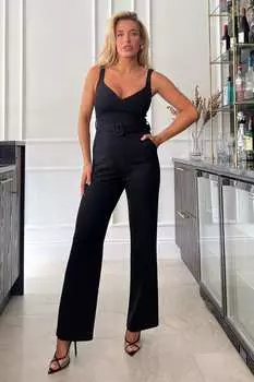 Комбинезон Matilda с глубоким вырезом широкими штанинами и поясом Girl In Mind, черный