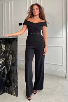 Комбинезон можно носить с открытыми плечами и декоративным подворотом Girl In Mind, черный