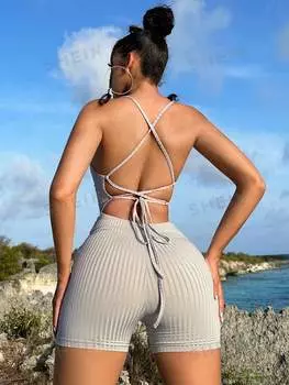 Комбинезон на бретельках Shein SXY с открытой спиной в рубчик, светло-серый