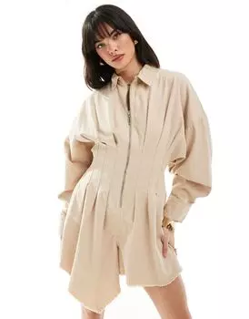 Комбинезон овсяного цвета с укороченной талией и блузонной рубашкой ASOS DESIGN