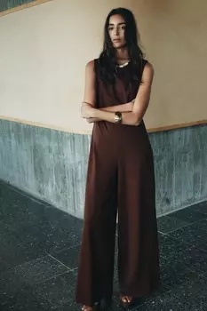 Комбинезон палаццо из плотного хлопка ZARA, шоколад