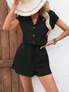 Комбинезон плиссированный женский Shein Vcay с V-образным вырезом, черный