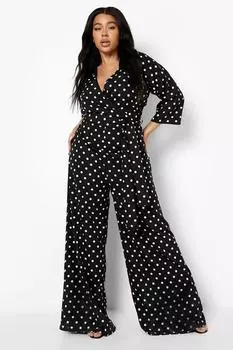 Комбинезон Plus с поясом и запахом в горошек boohoo, черный
