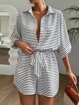 Комбинезон полосатый женский Shein Lune с рукавами, белый / зеленый