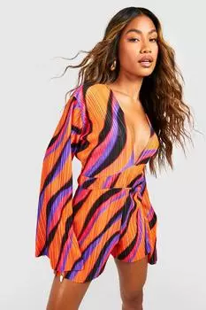 Комбинезон с абстрактными плиссированными рукавами Boohoo, фиолетовый