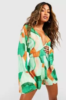 Комбинезон с абстрактными плиссированными рукавами Boohoo, зеленый