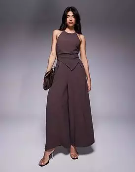 Комбинезон с асимметричной застежкой-халтером ASOS DESIGN шоколадно-коричневого цвета