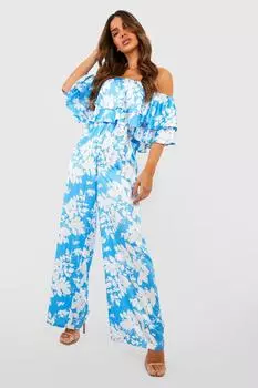 Комбинезон с цветочным принтом и широким ногиным от плеч Boohoo, синий