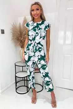 Комбинезон с цветочным принтом рюшами на рукавах и завязкой на талии Ax Paris, зеленый