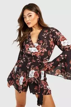 Комбинезон с цветочным рукавом и завязкой на талии Boohoo, черный