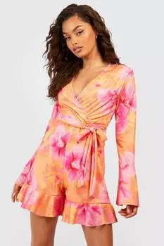 Комбинезон с цветочными рукавами Boohoo, оранжевый