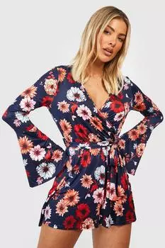 Комбинезон с цветочными рукавами и запахом Boohoo, нави