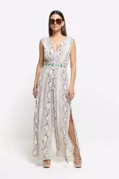 Комбинезон с глубоким вырезом украшенный змеиным узором River Island, серый