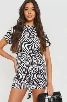 Комбинезон с короткими рукавами зебра с поясом Boohoo, черный