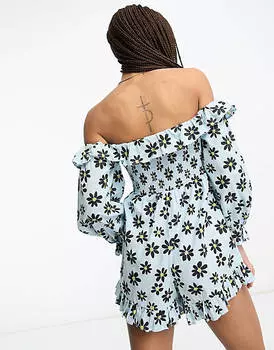 Комбинезон с льняным лифом и присборенными рукавами ASOS DESIGN с длинными рукавами и ромашками