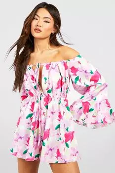 Комбинезон с открытыми плечами и цветочными рубками Boohoo, белый
