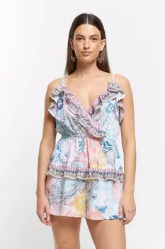 Комбинезон с открытыми плечами и рюшами River Island, синий