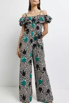 Комбинезон с открытыми плечами рюшами и цветочным узором River Island, зеленый