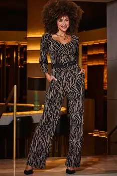 Комбинезон с поясом и геометрическим принтом широкие ноги Sosandar, черный