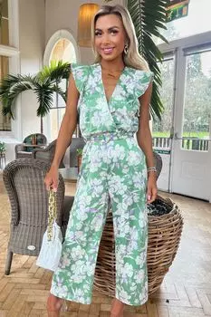 Комбинезон с поясом и рюшами спереди с принтом Ax Paris, зеленый