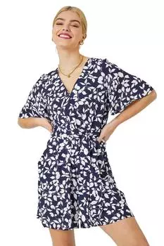 Комбинезон с поясом и запахом и принтом листьев Dusk, синий