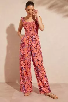 Комбинезон с принтованными бретелями рюшами сверху и широкими штанинами Love & Roses, оранжевый