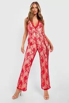 Комбинезон с прямыми ногими и кружевным завязком Boohoo, красный