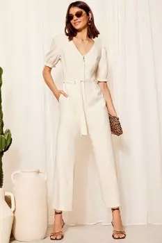 Комбинезон с рукавами фонариками, застежкой молнией спереди и завязкой на талии Friends Like These, бежевый