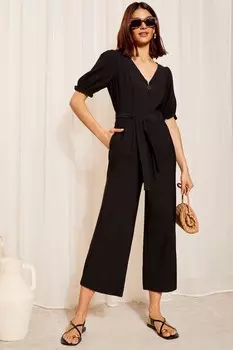 Комбинезон с рукавами фонариками, застежкой молнией спереди и завязкой на талии Friends Like These, черный