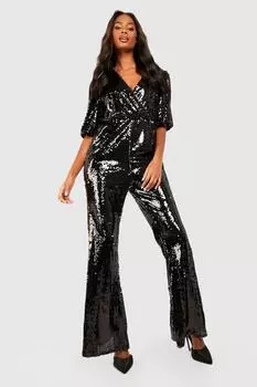 Комбинезон с рукавами и пайетками Boohoo, черный