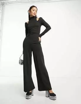 Комбинезон с широкими штанинами и вырезами на плечах черного цвета Edited