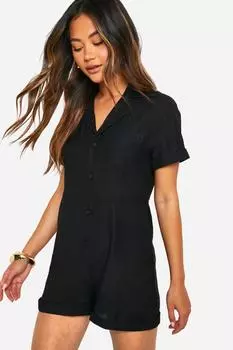 Комбинезон с текстурированным льном на пуговицах boohoo, черный