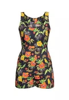 Комбинезон с тропическим принтом гибискус черный Queen Kerosin, мультиколор