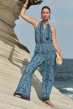 Комбинезон с воротником-халтер широкими штанинами и принтом Love & Roses, синий