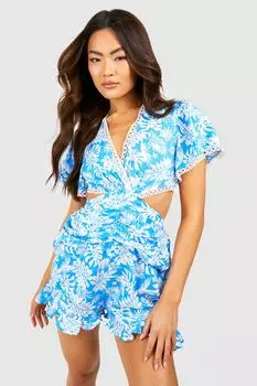 Комбинезон с вырезами с принтом пальмы Boohoo, синий