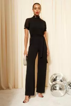 Комбинезон с высоким вырезом и широкими штанинами отделанными пайетками Friends Like These, черный