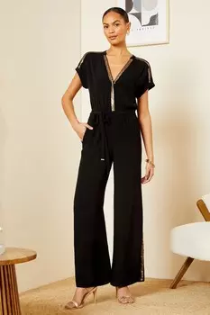 Комбинезон с закатанными рукавами и широкими штанинами украшенными пайетками Love & Roses, черный