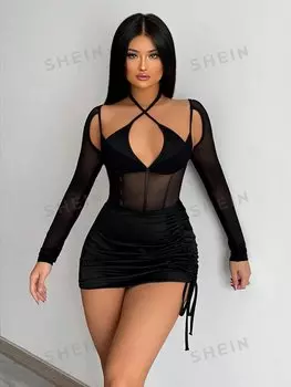 Комбинезон сетчатый Shein SXY и юбка на шнурке, черный