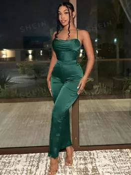 Комбинезон Shein SXY с отложным воротником, темно-зеленый