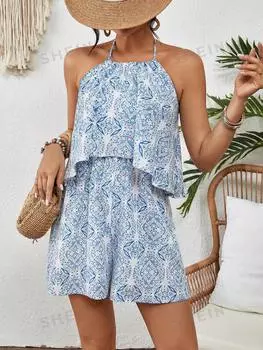 Комбинезон Shein Vcay с принтом и вырезом через шею, синий