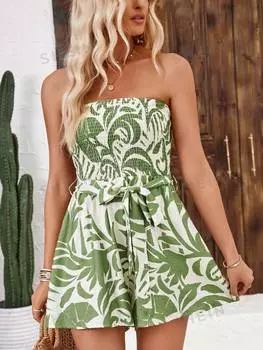 Комбинезон Shein Vcay с растительным принтом, зеленый / белый
