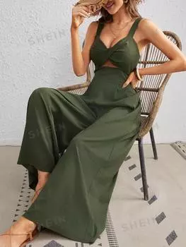 Комбинезон широкий Shein Vcay с вырезом и витым узлом, зеленый