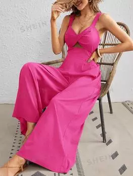Комбинезон широкий Shein Vcay с вырезом и витым узлом, ярко-розовый