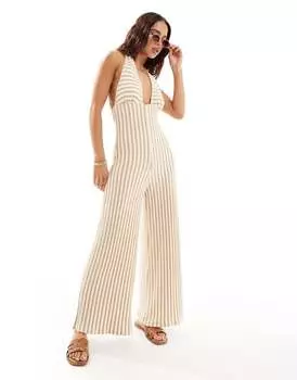 Комбинезон широкого кроя с воротником крючком ASOS DESIGN в нейтральную полоску