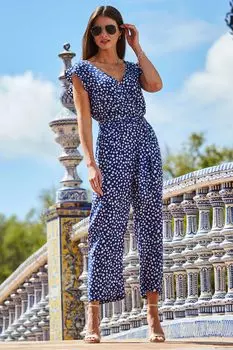 Комбинезон со сборками на плечах и узором в горошек Sosandar, синий