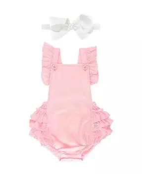 Комбинезон Swiss Dot Flutter для маленьких девочек и комплект с повязкой на голову с бантом RuffleButts, розовый